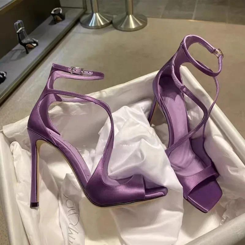 Fashion Luxury Satin Designer Women Pumps Sexy Cross Strap Square Toe Heeled Sandals Elegant Purple Thin High Heels Party Dress Shoes