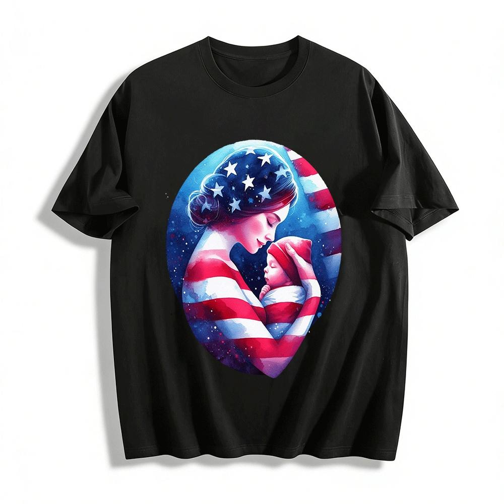 Patriotic Mother And Baby USA Flag Print Casual Top Pure cotton T-shirt XXS