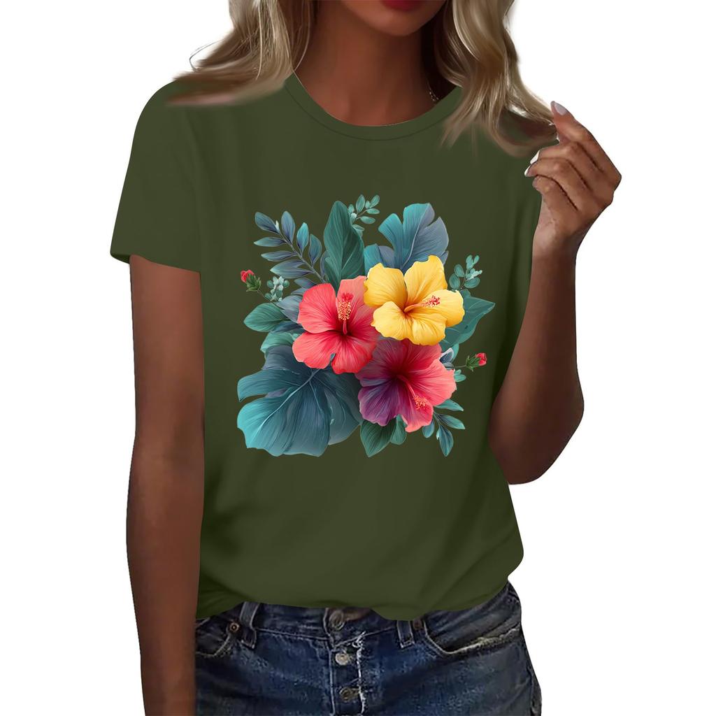 Women's Fashion Casual Printed Round Neck Short Sleeved T-Shirt Top T-Shirt Top Top