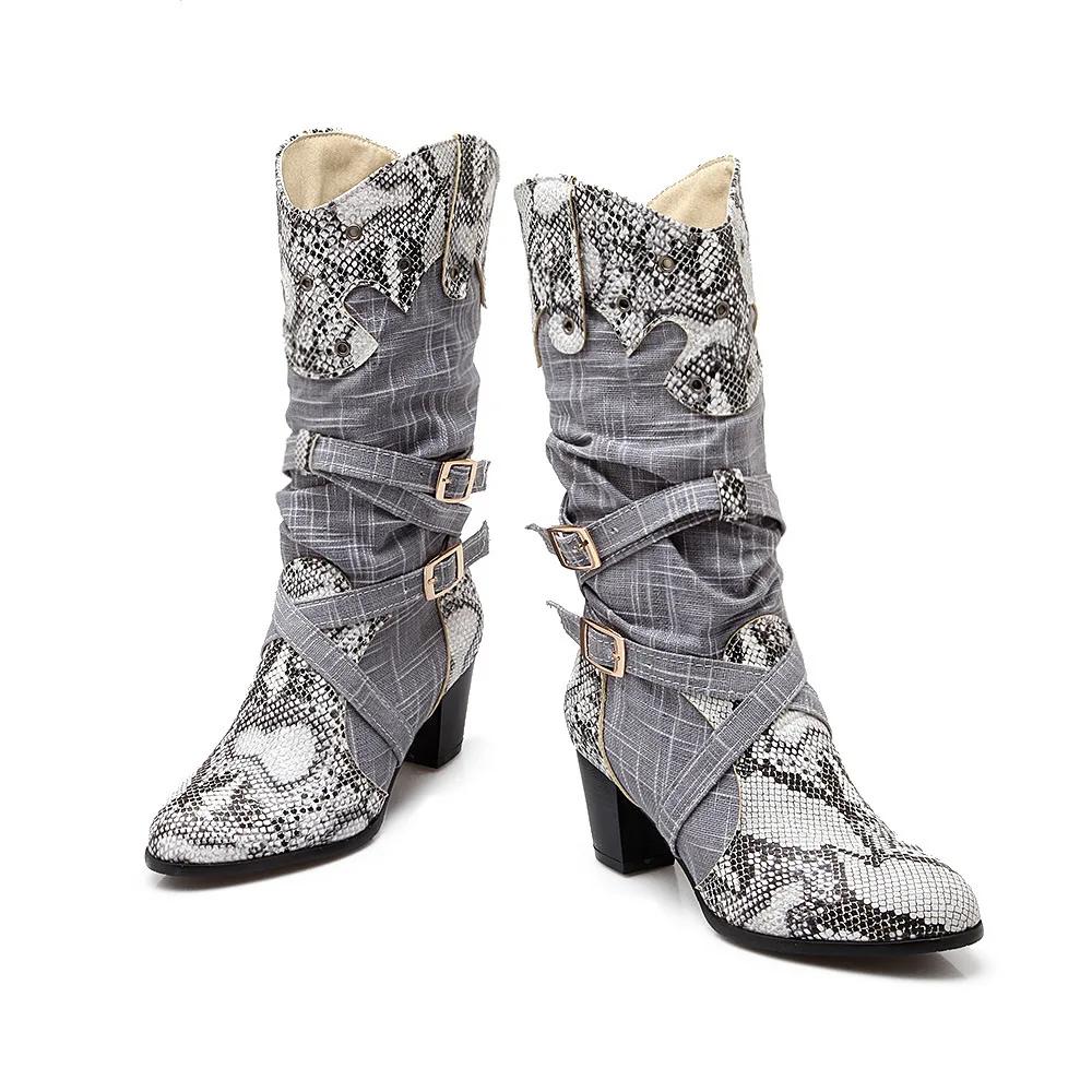 Hochwertige Damen-Schuhe mit Schlangenprint aus PU mit dickem Absatz Damen Winter High Boots Modische bedruckte warme Stiefel Große Größe