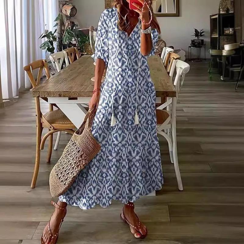 Fashion Short Sleeve Loose V-neck Printed Long Dress Casual Sweet High Waist Spring Summer Elegant Holiday A-line Dresses Female Simple Woman Clothing
