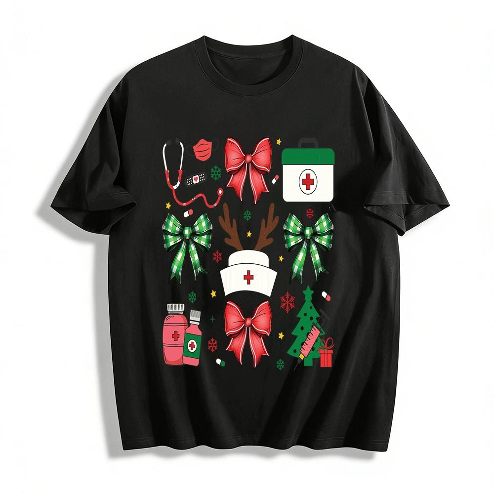 Christmas Medical Themed Print Casual Top Pure cotton T-shirt XXS