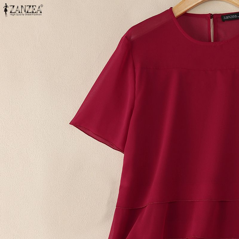 ZANZEA Women Casual Sheer Mesh Splice Round Neck Short Sleeve Blouse