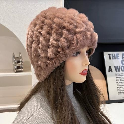 Real Rex Rabbit Hair Hat Women's Thickened Hair Hat Fur Cold Warm Ear Protection Plush Knitted Hat Baotou Hat Autumn and Winter