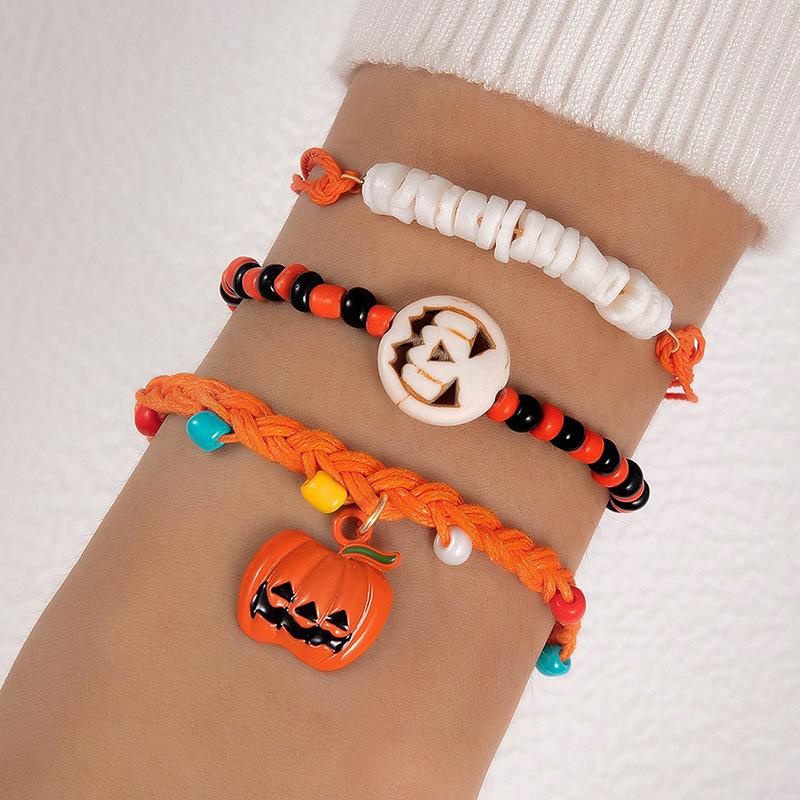Halloween Pumpkin Skeleton Seed Beads Bracelet Set Gothic Dark Punk Beaded Jewelry for Women