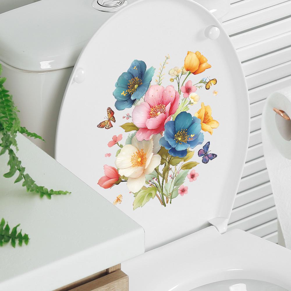 Hand Painted Blooming Floral Bouquet with Butterflies Bathroom Wall Sticker Self-Adhesive Removable Decal