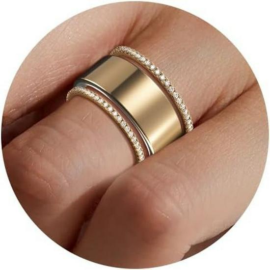 European-American High-Gloss Diamond Inlaid Ring: Minimalist Luxury, 18K Gold-Plated Titanium Steel, Wide Band Design