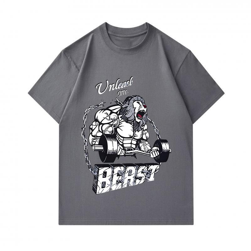 Men's 100% Cotton Crew Neck Short Sleeve T-Shirt, Unleash The Beast Muscular Lion Weightlifting Print Casual Fitness Workout Top