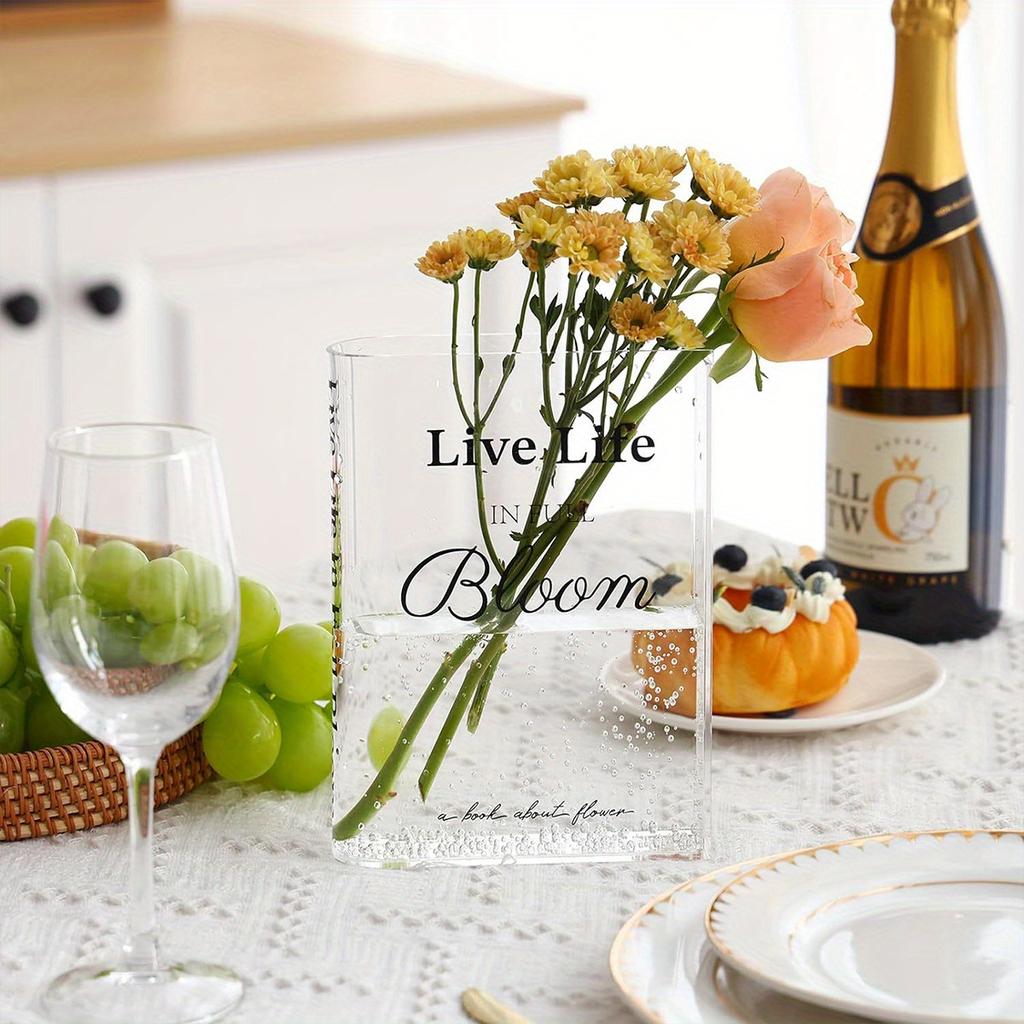 Modern Minimalist Acrylic Vase, Book-Shaped Transparent Design with "Live Life In Full Bloom" Inscription