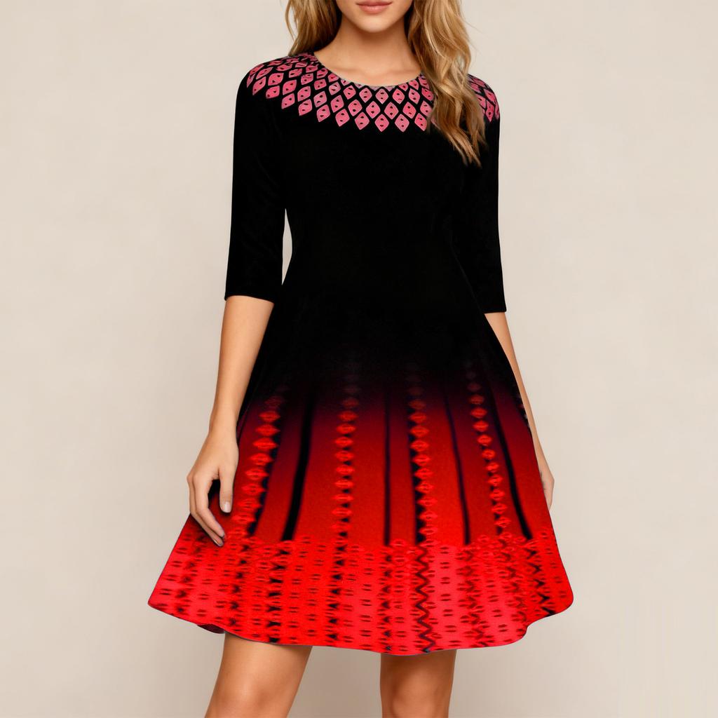 Ladies' Printed Fashionable And Personalized Mid Sleeve Waist Dress