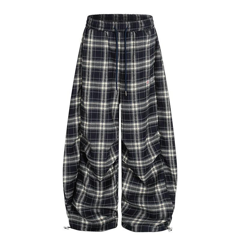 Embroidered Cargo Pants Wide Leg Loose Casual Trousers Unisex Vintage American Plaid Fall Winter