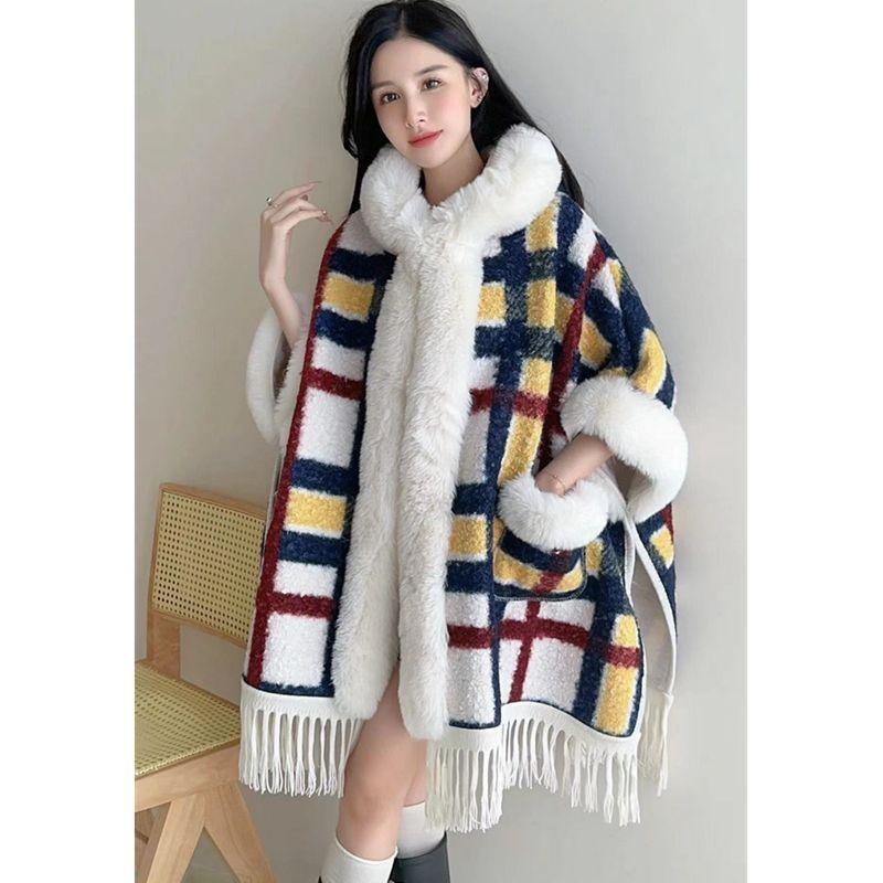 Mit Fleece gefütterter verdickter Schal Großer Pelzkragen Umhang Umhang Oberbekleidung Damen Herbst und Winter Neuankunft stilvolle Kapuzenoberbekleidung
