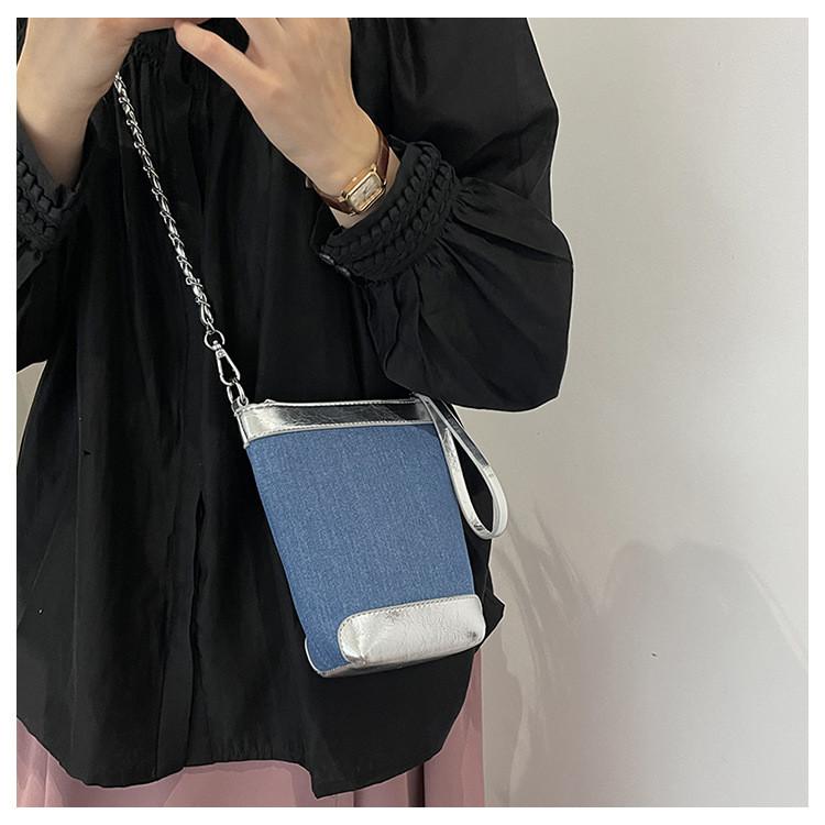 IELGY Fashion Casual Bucket Bag Trendy All-Match Denim Shoulder Bag High-End Simple Cross-Body Bag