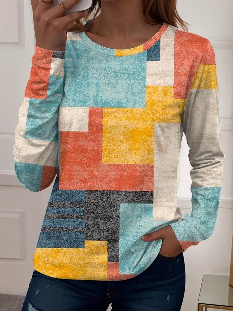 Damen 3D Karostreifen Print T-Shirt Mode Langarm Rundhals Regular Tops Feiertagswochenende Frühling und Herbst