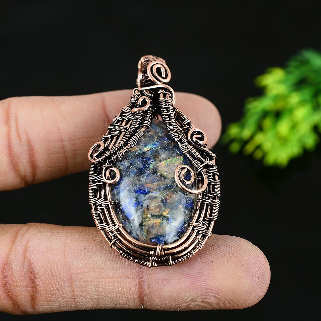 Natural Lapis Lazuli Gemstone Handmade Copper Wire Wrap Gift Pendant 2 O7G04