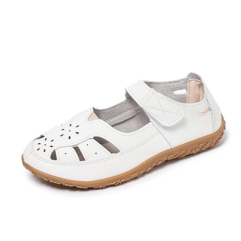 Women's Plus Size Closed Toe Roman Sandals, breathable hollow out flat design with comfy soft fit for daily casual walking wear