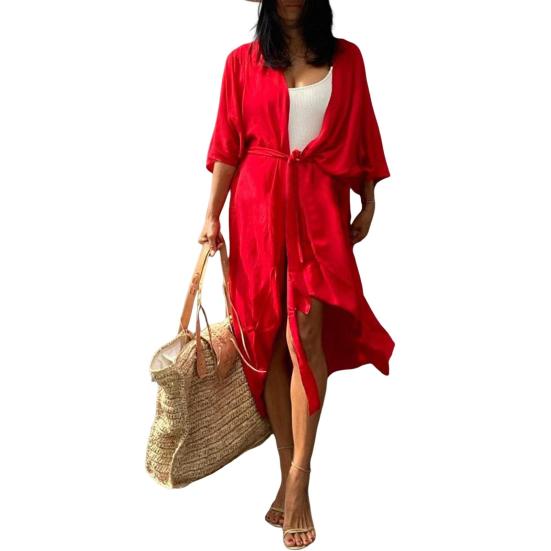 Beach Cover Up Cardigan V-neck Half Sleeve Quick-Drying Breathable Loose Fit Swimwear Coat with Tie Design