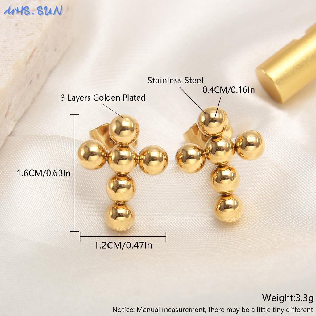 MHS.SUN Luxury Gold Plated Square Round Stainless Steel Hoop Earrings Cross Ball Beads Earring for Women Girls Wedding Jewelry