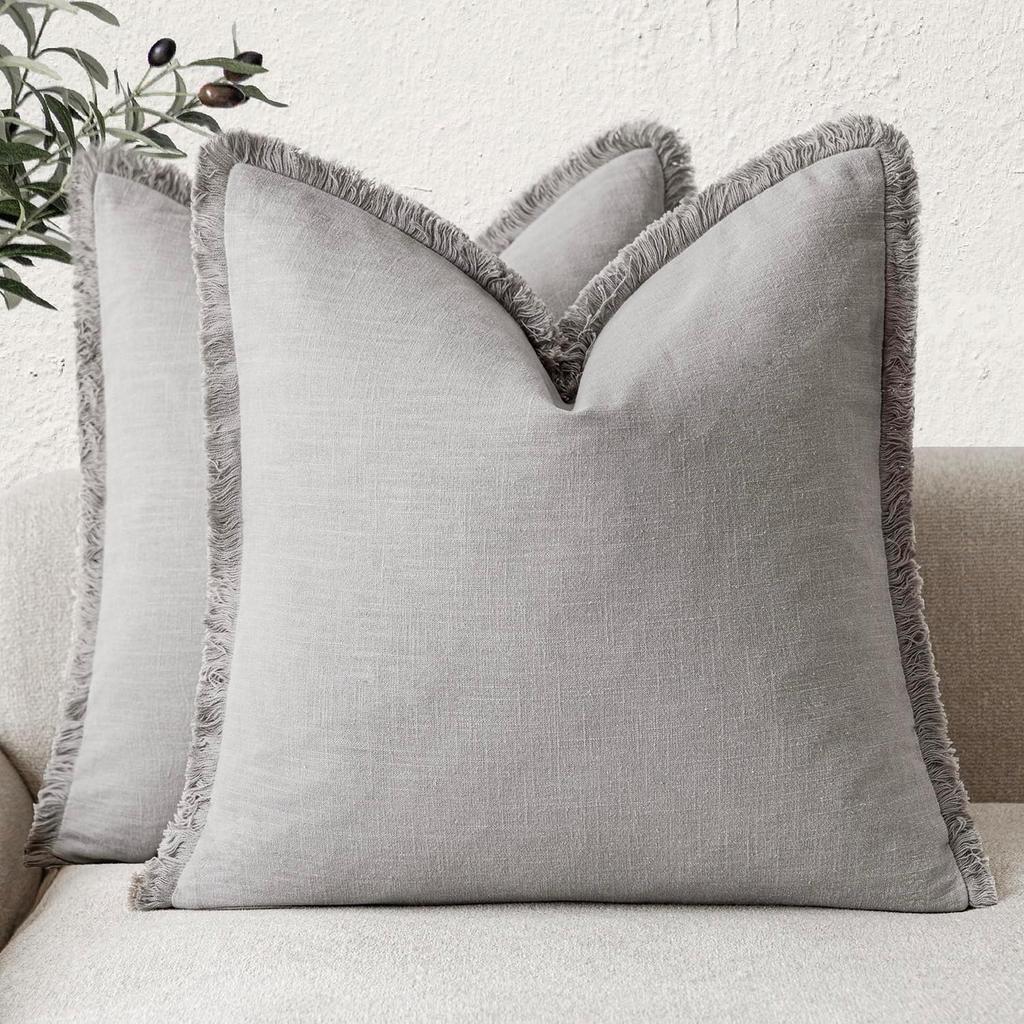 Fundas de Cojín Decorativas de Lino Verde Oliva con Flecos Estilo Boho Granja con Borlas Funda de Cojín para Sofá Sala de Estar 18×18 Pulgadas