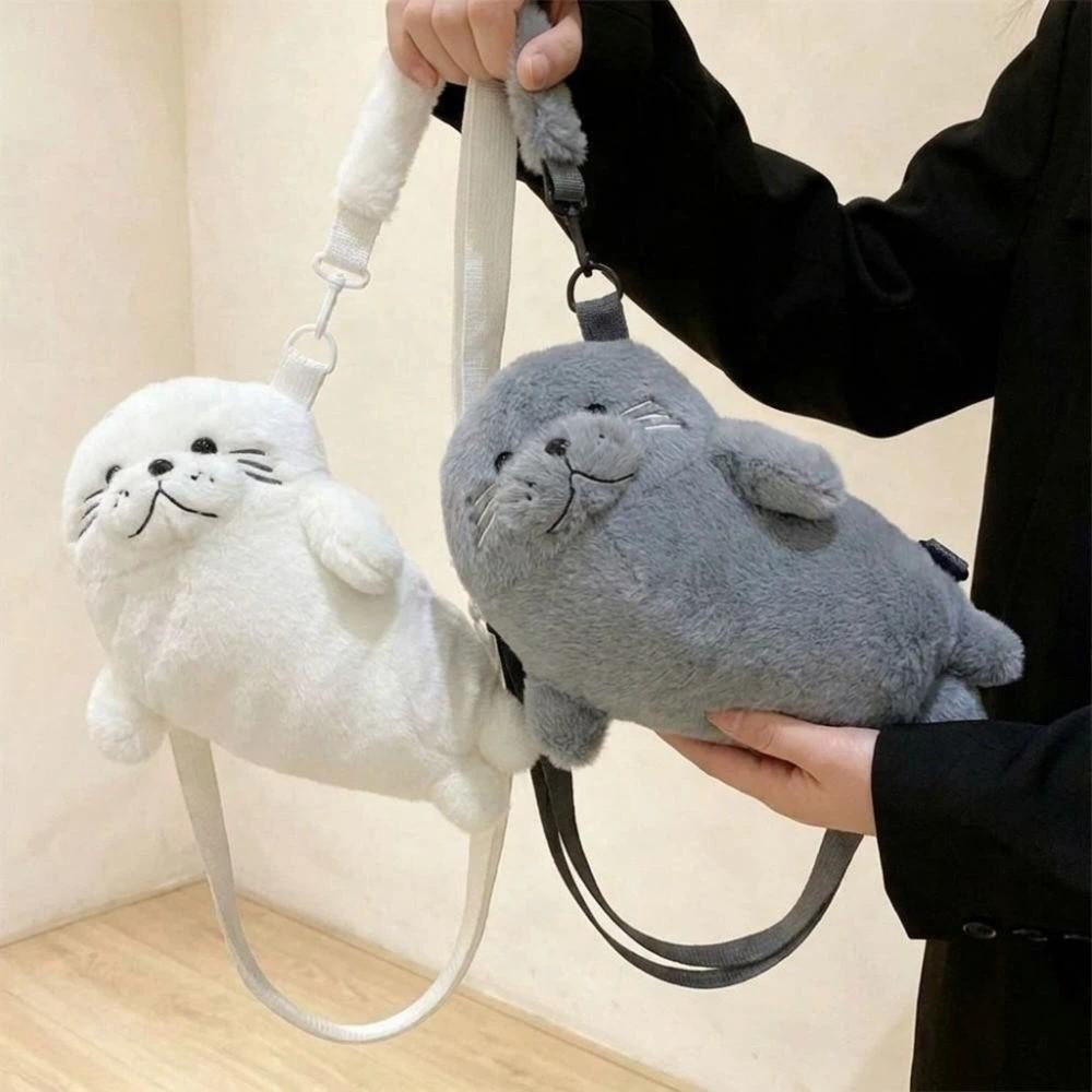 Soft Fluffy Cute Seal Shoulder Bag Cartoon Adjustable Straps Phone Bag Lightweight Fabric Crossbody Bag Women's Accessories