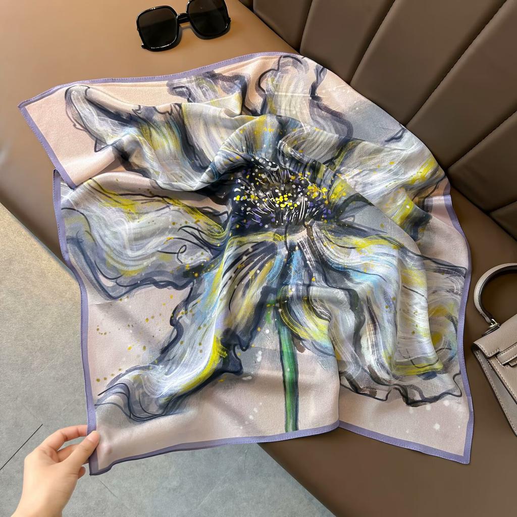 Retro Old Money Wind Silk Double Crepe Silk Scarf Women's Spring and Summer Senior Sense Versatile 100% Mulberry Silk Square Scarf Thin Scarf