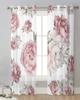 Vintage Blommor Rosa Pion Vita Skira Gardiner för Vardagsrumsdekoration Fönstergardiner Kök Tyll Voile Organza Gardiner