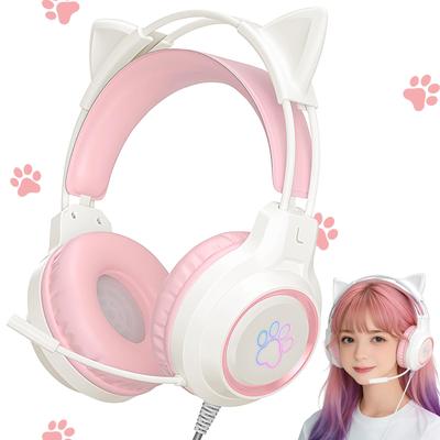 YIK TUNG Cat Ear Wired Gaming Headset, 40mm, RGB, USB, Soft Protective, Good Sound, Adjustable, Cute, Language Compatible, New Year, Japanese Manual
