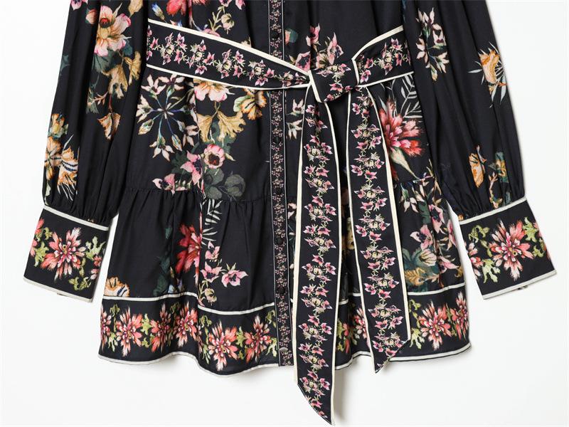 Spring 2026 European & American Style Women's Waist Tie Long Sleeve Printed Dress