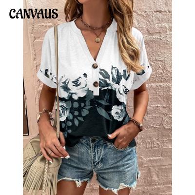 Sommer Damen T-Shirt Übergröße Bedrucktes T-Shirt mit gedrehten Knöpfen Modisches Kurzarm-T-Shirt