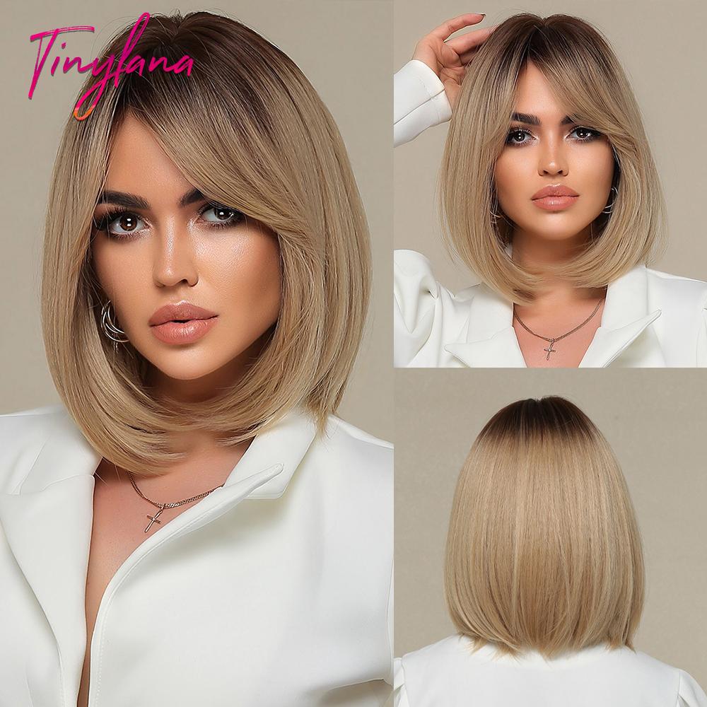 Weiße blonde graue synthetische Perücken mit Pony, kurze gerade Bob-Haarperücke für Frauen, Cosplay, tägliches natürliches Haar, hitzebeständig