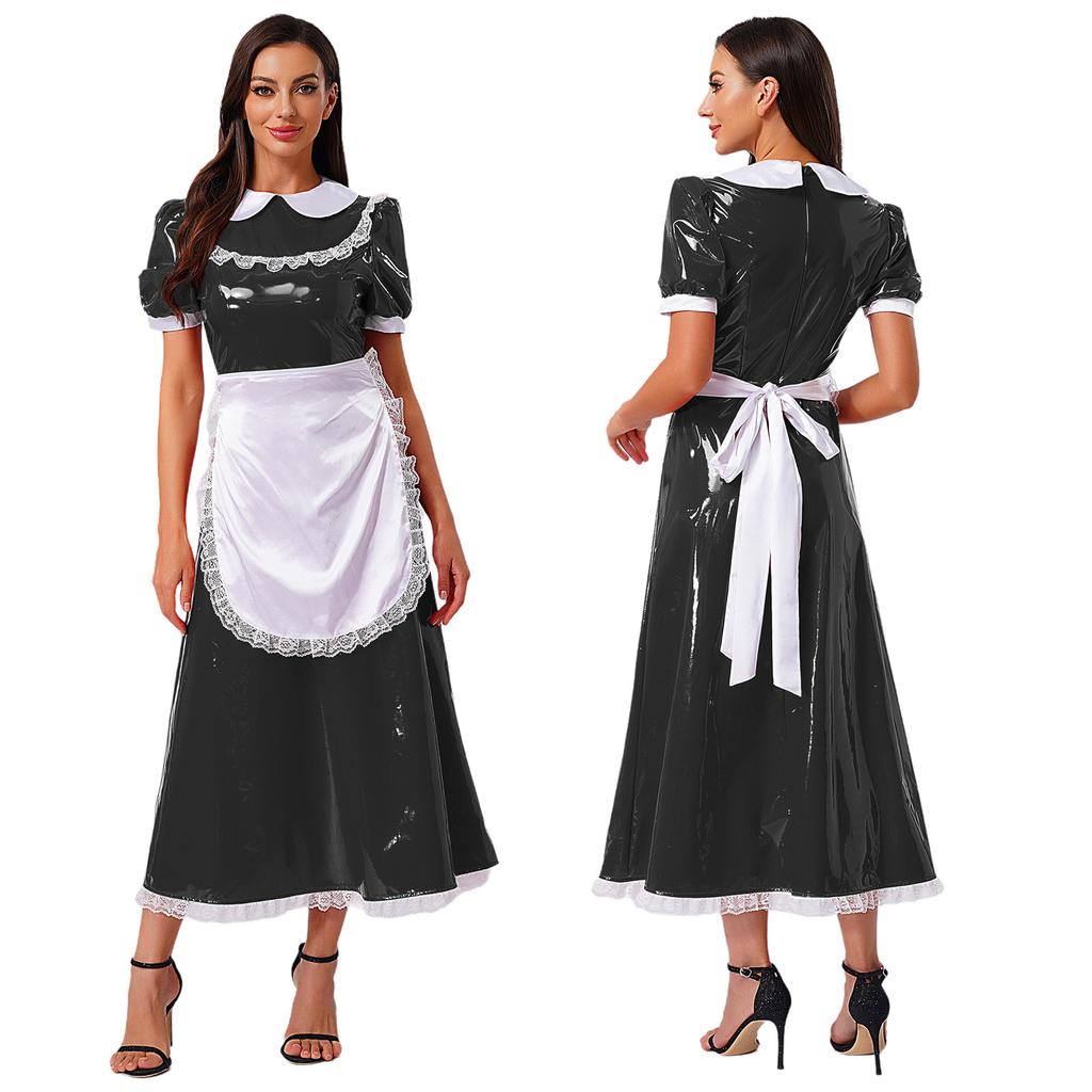 Women French Maid Dress Satin Lapel Collar Lace Trim Short Sleeve Wet Look PU Maxi Apron Costume
