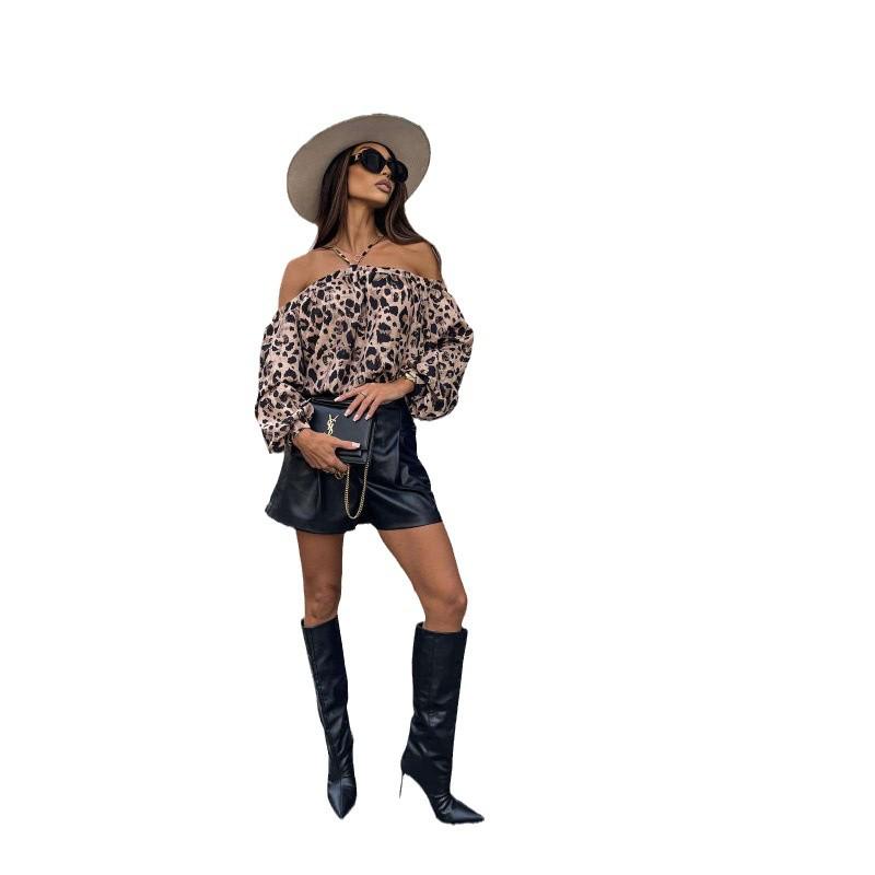 2024 Leopard Print Off-the-Shoulder Autumn Top