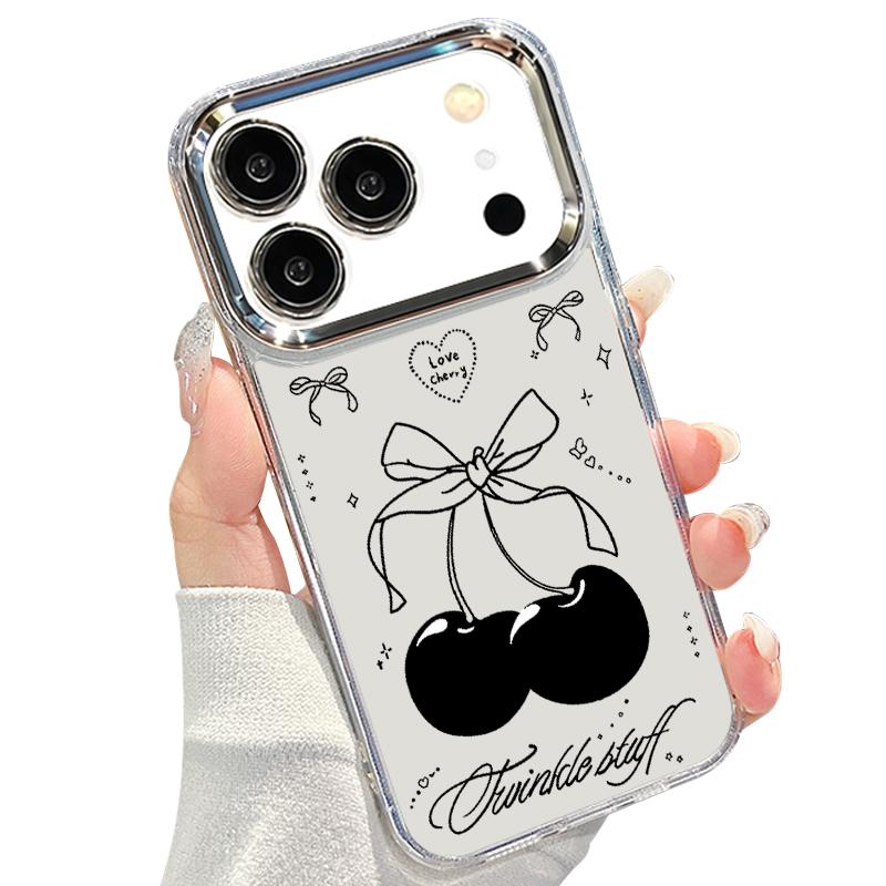 Bowknots Cherry Pattern Case For iPhone 17 Pro Max Plating Lens Frame Clear Soft Cover For iPhone 16 15 14 13 Pro Max 11 16E 17E