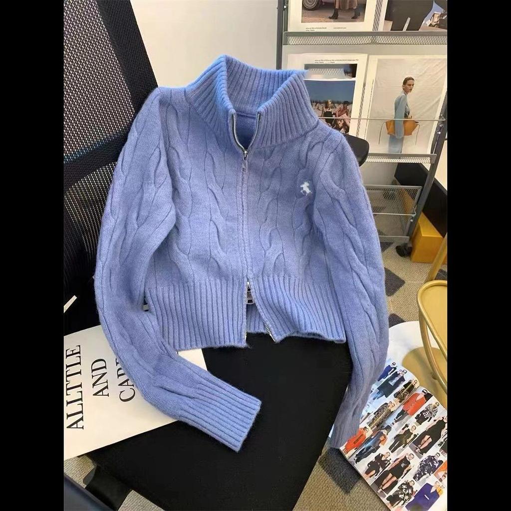Vintage Korean Style Stand Collar Sweater Jacket Autumn/Winter Age-Reducing Zipper Embroidery Knitted Cardigan University Top