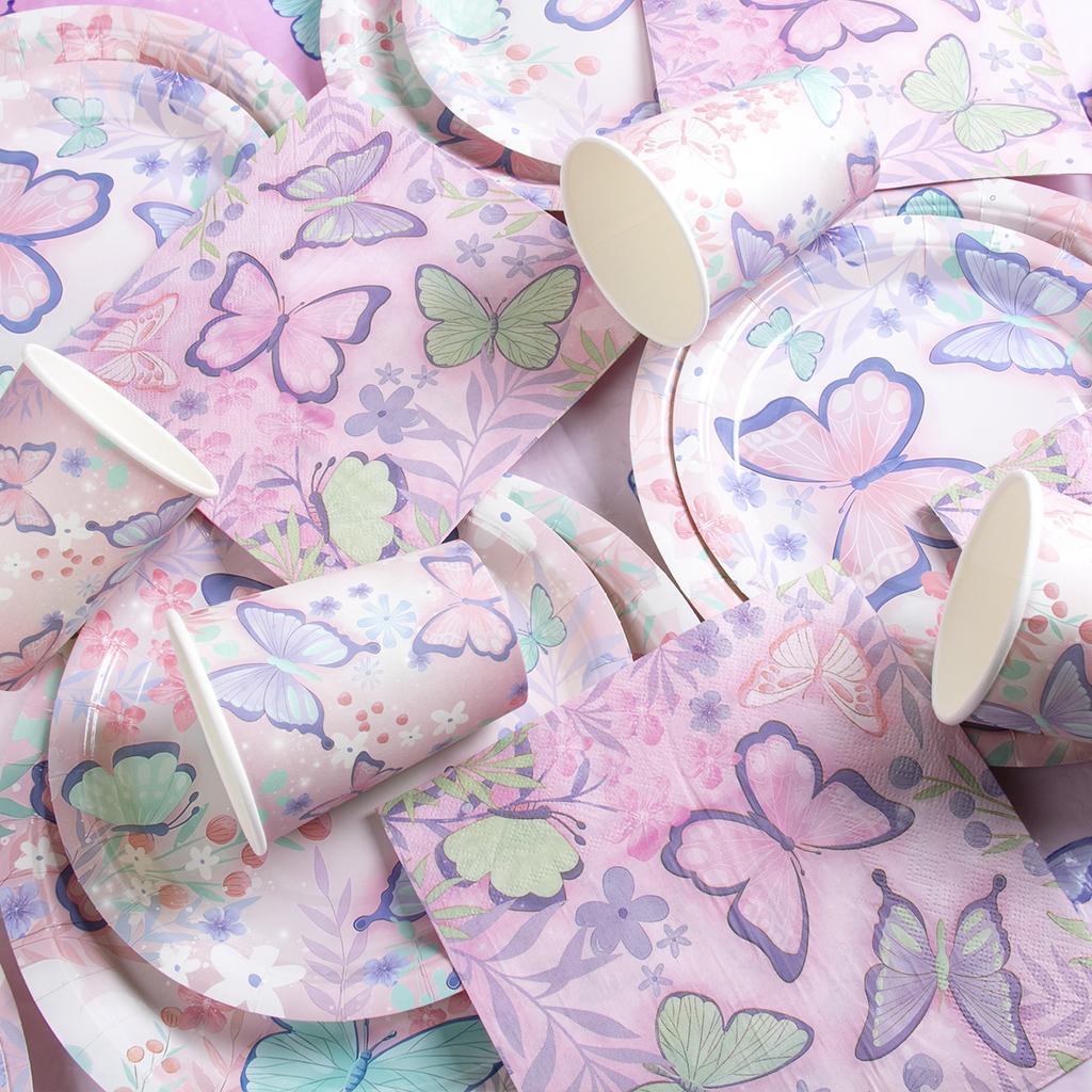 Butterfly Party Tableware Set  Butterfly Pattern Paper Plate Napkin Cup Disposable Tablecloth for Baby Shower Birthday Supplies