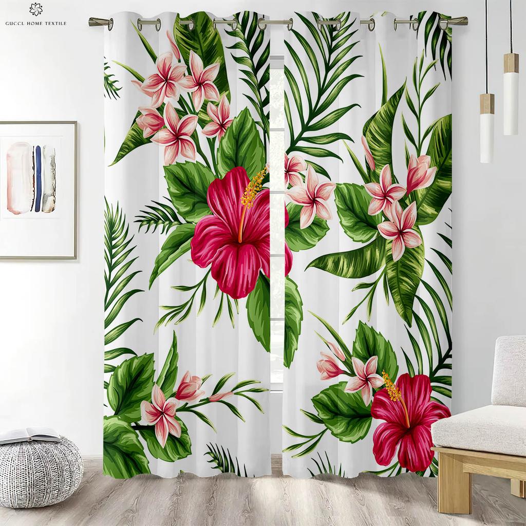 2Pcs Tropical Plant Leaves Printed Curtains 100% Polyester Machine Washable Bedroom Living Room Kitchen Decorative Curtains