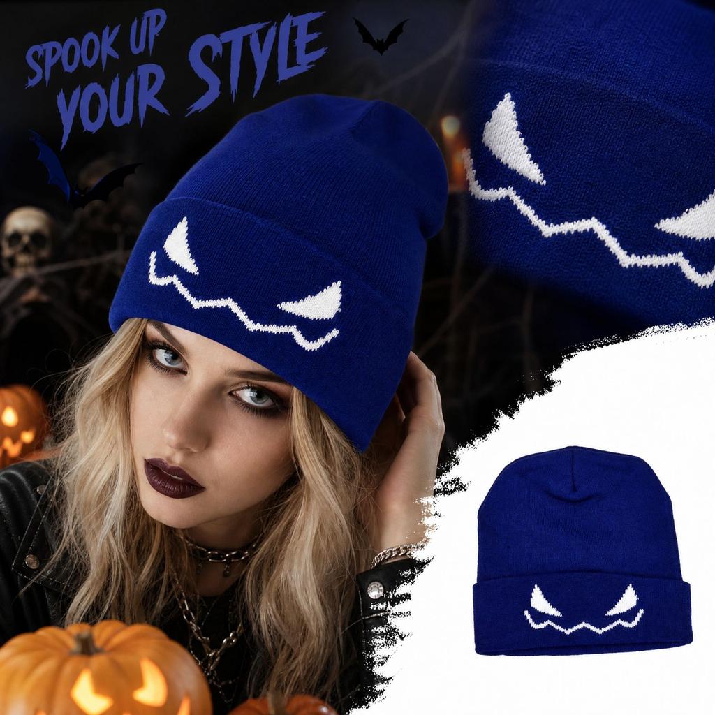 Halloween Knit Hat with Pumpkin and Devil Embroidery, Cute Trendy Winter for Women and Men