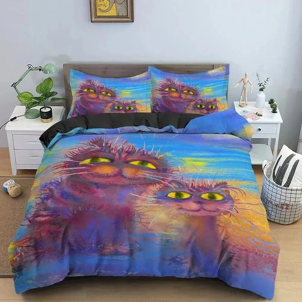 Watercolor Cartoon Cat Bedding Set Boys Girls Twin Queen Size Duvet Cover Pillowcase Bed Boys Adult Home Textileextile