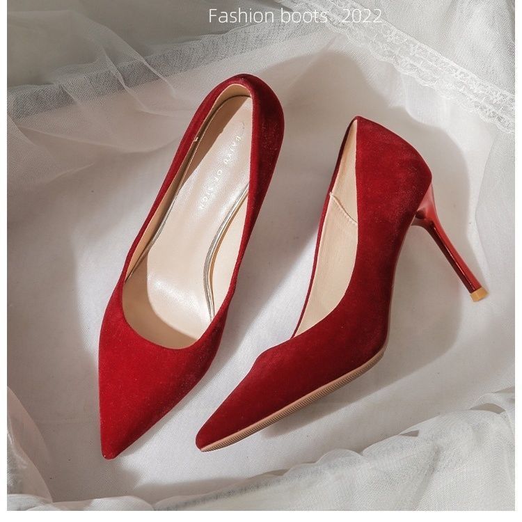 Pointed Thin Heel Wedding Shoes New Chinese Flower Xiuhe Toast Dress Burgundy Bridal Wedding Shoes Women