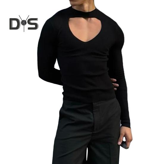 

Чоловічий топ з видаленими еластичними довгими рукавами, однотонна футболка з круглим вирізом для клубних вечірок, чоловічий геїв, косплей-одяг S чорний