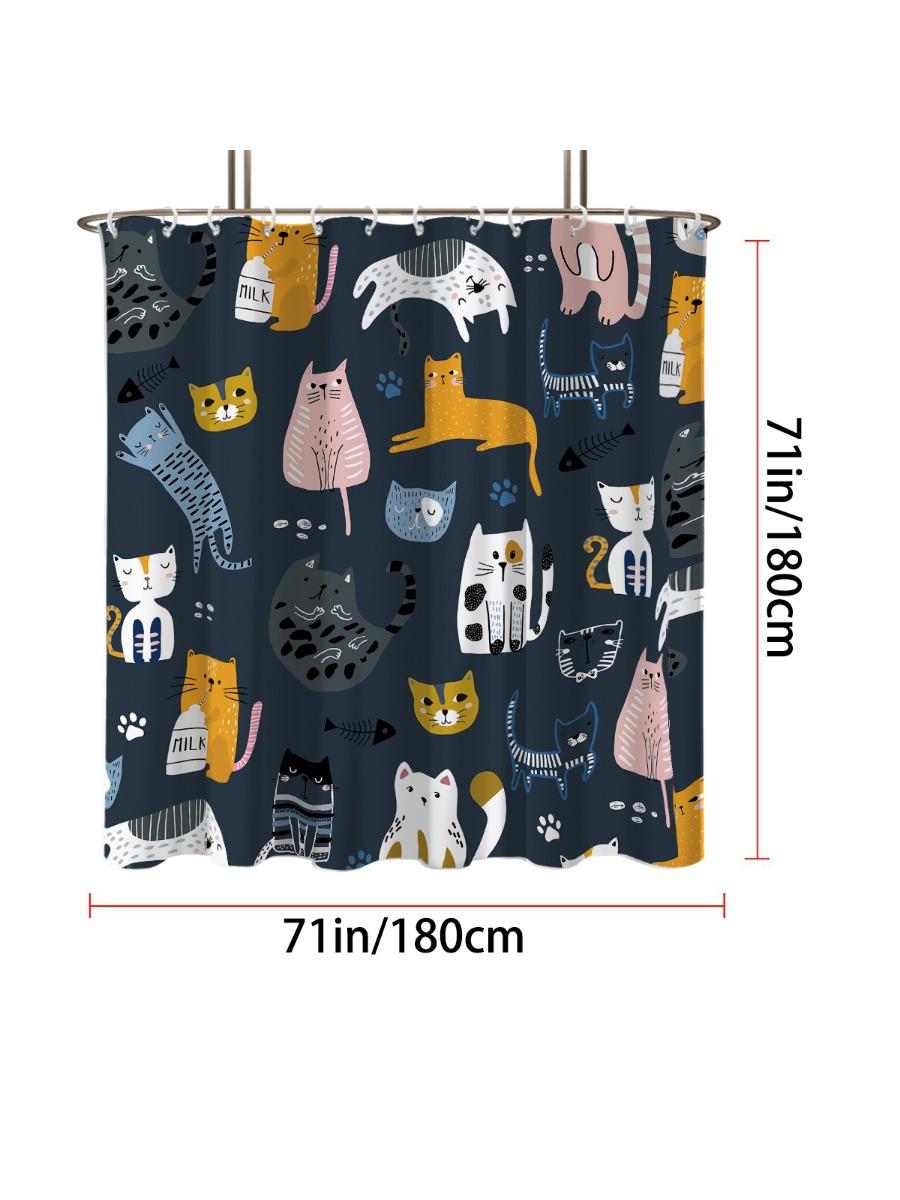 

1 шт. Водонепроницаемая шторка для душа с мультяшным принтом кота, Подвесная шторка-перегородка для душа с 12 крючками для легкой установки 90x180cm