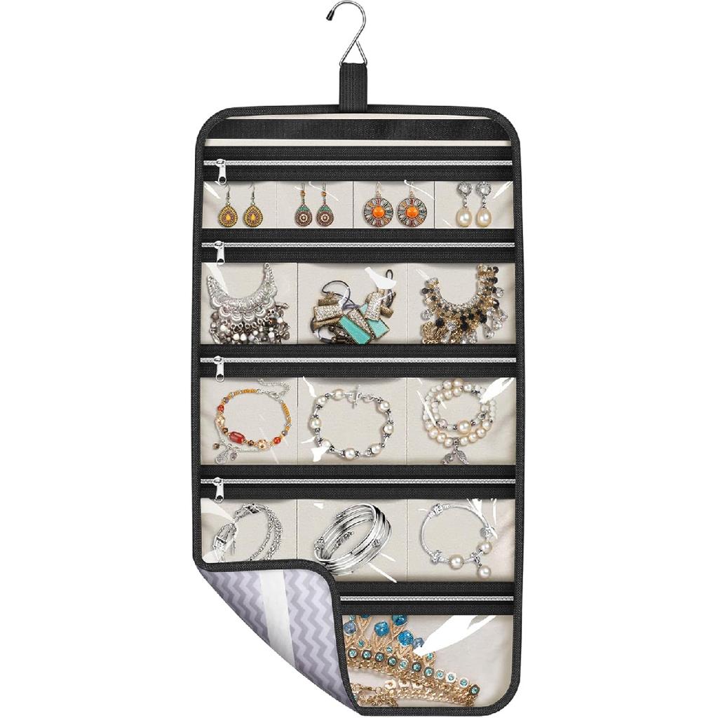 MISSLO Hanging Jewelry Organizer Travel Foldable Jewelry Roll Storage Case with 14 Cotton Zippered Pockets for Traveling, Closet, Suitcase