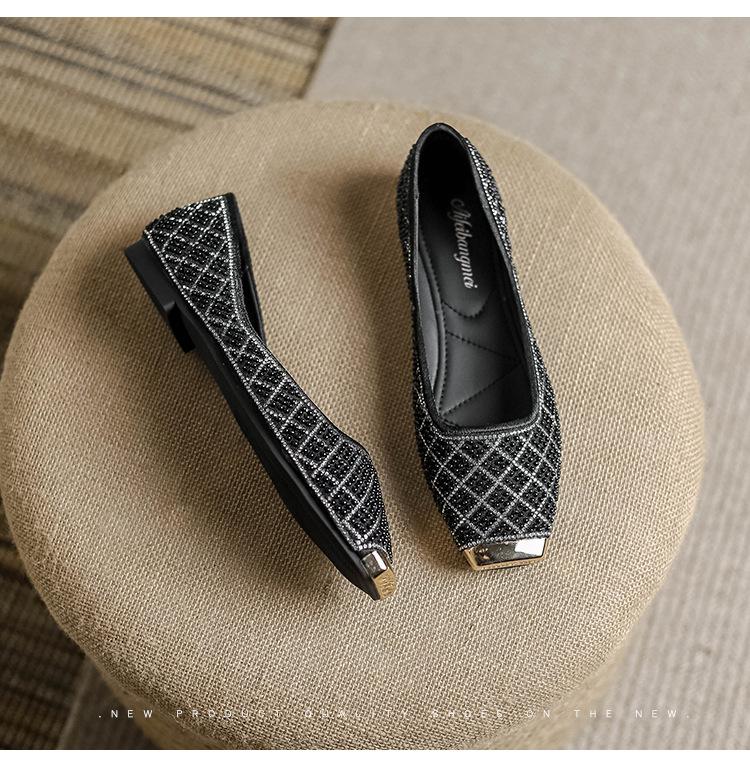 Fashion Women Slip-on Loafer Bling Pearlet Square Toe Boat Shoes Girl Beautiful Flat Casual Shoes