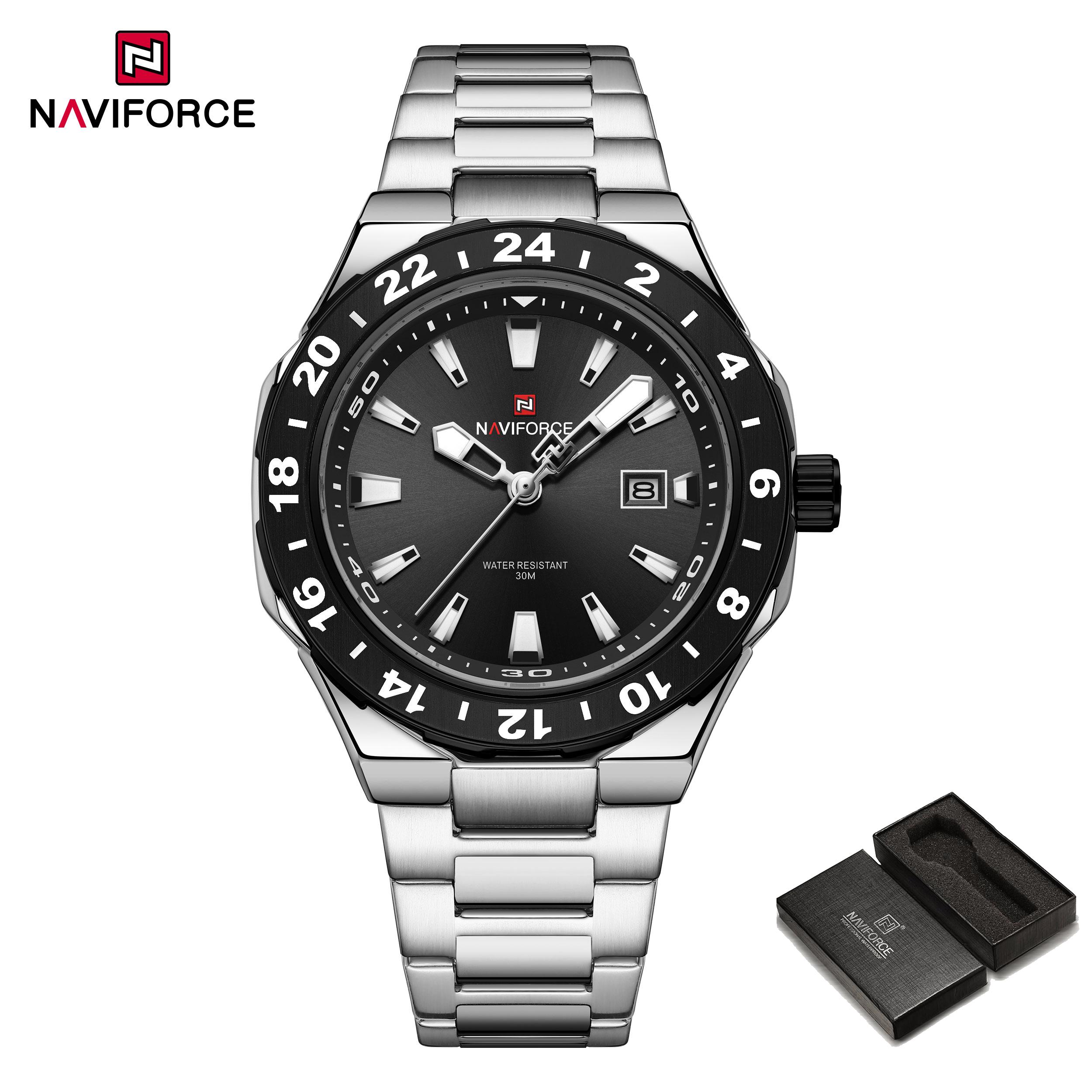 

Кварцевые часы с календарем NAVIFORCE для мужчин, водонепроницаемые, со светящимися стрелками, ремешок из нержавеющей стали, повседневные, деловые, модные мужские часы NF9249 чёрный/серебряный