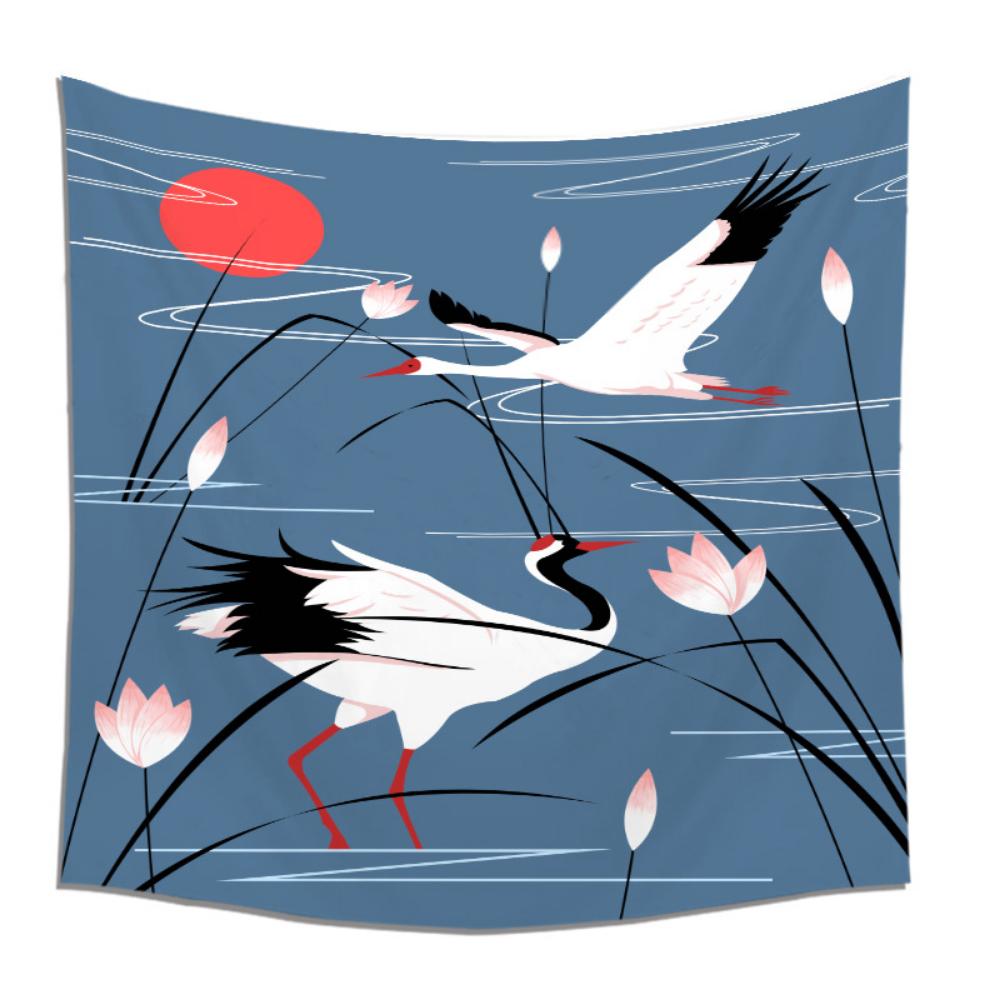 Japanese Ocean Wave Sunset Sun Tapestry Exotic Style Red Crowned Crane Background Bedroom Wall Cloth Room Decoration Painting Hanging Cloth