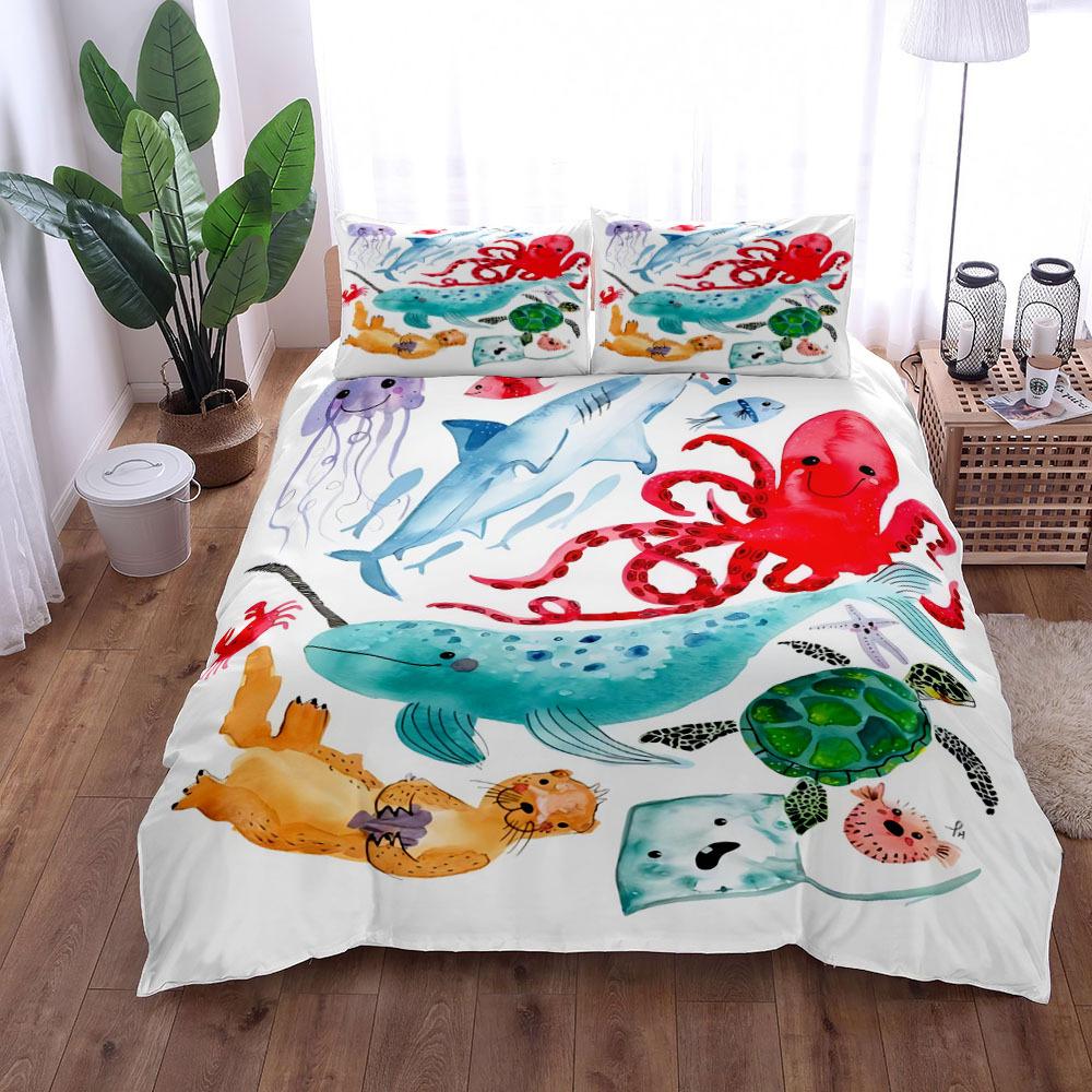Octopus Duvet Cover, Ocean Animal Octopus Bedding Set Nautical Bedroom Decor, Marine Creatures Duvet Cover for Kids Girls Boys