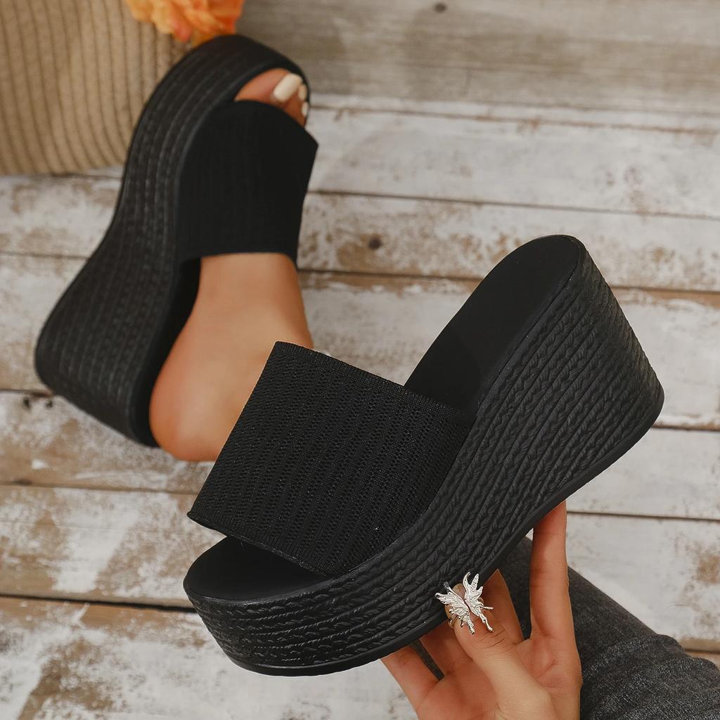 Fashion Elastic Fabric Chunky Platform Slippers for Women Thick Bottom Non Slip Summer Sandals Woman Fashion Wedge Heel Sandalias Mujer