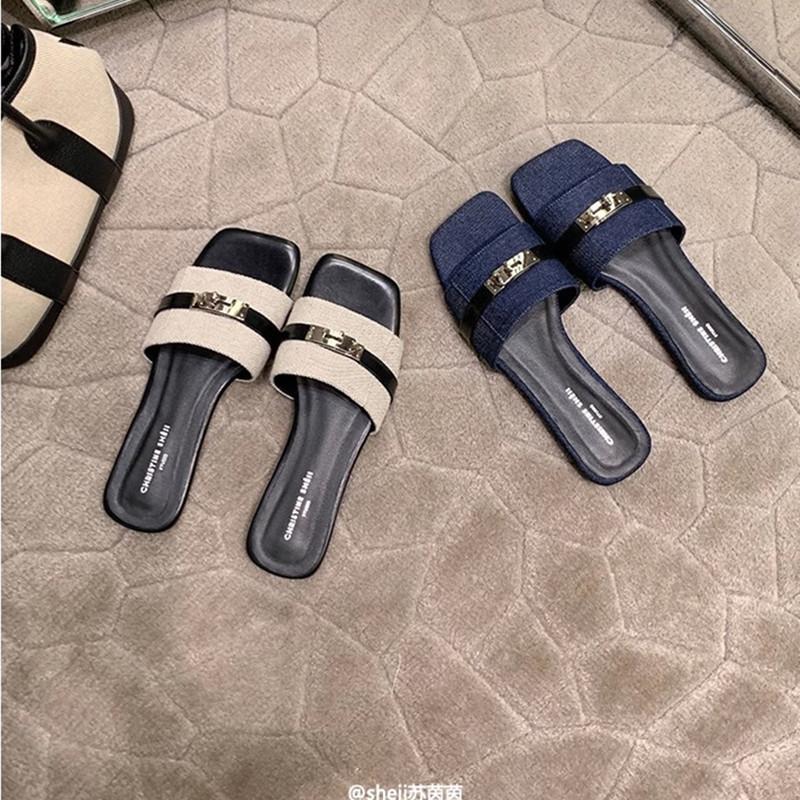 Sheepskin version of the same style spliced square head metal lock with light mouth versatile cool slippers for women's summer wear