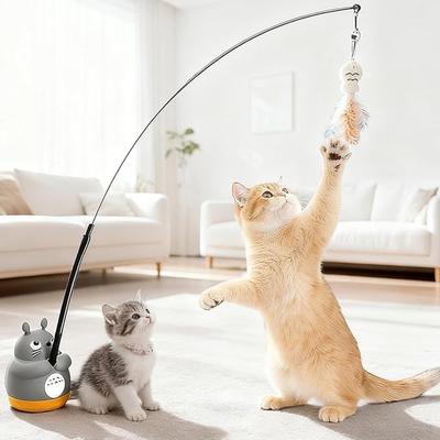 360° Rotatable Interactive Toy, Automatic Wand Toy with Peel-and-Stick Base, Moving Feather, Fish and Bell, Detachable Teaser