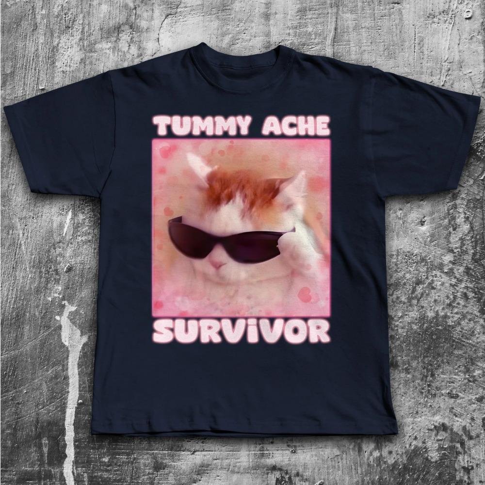 Tummy Ache Survivor Funny Cat Meme Tshirt Gift for Men Goofy Ahh Cats Tee Trendy Summer Clothes Men Clothing